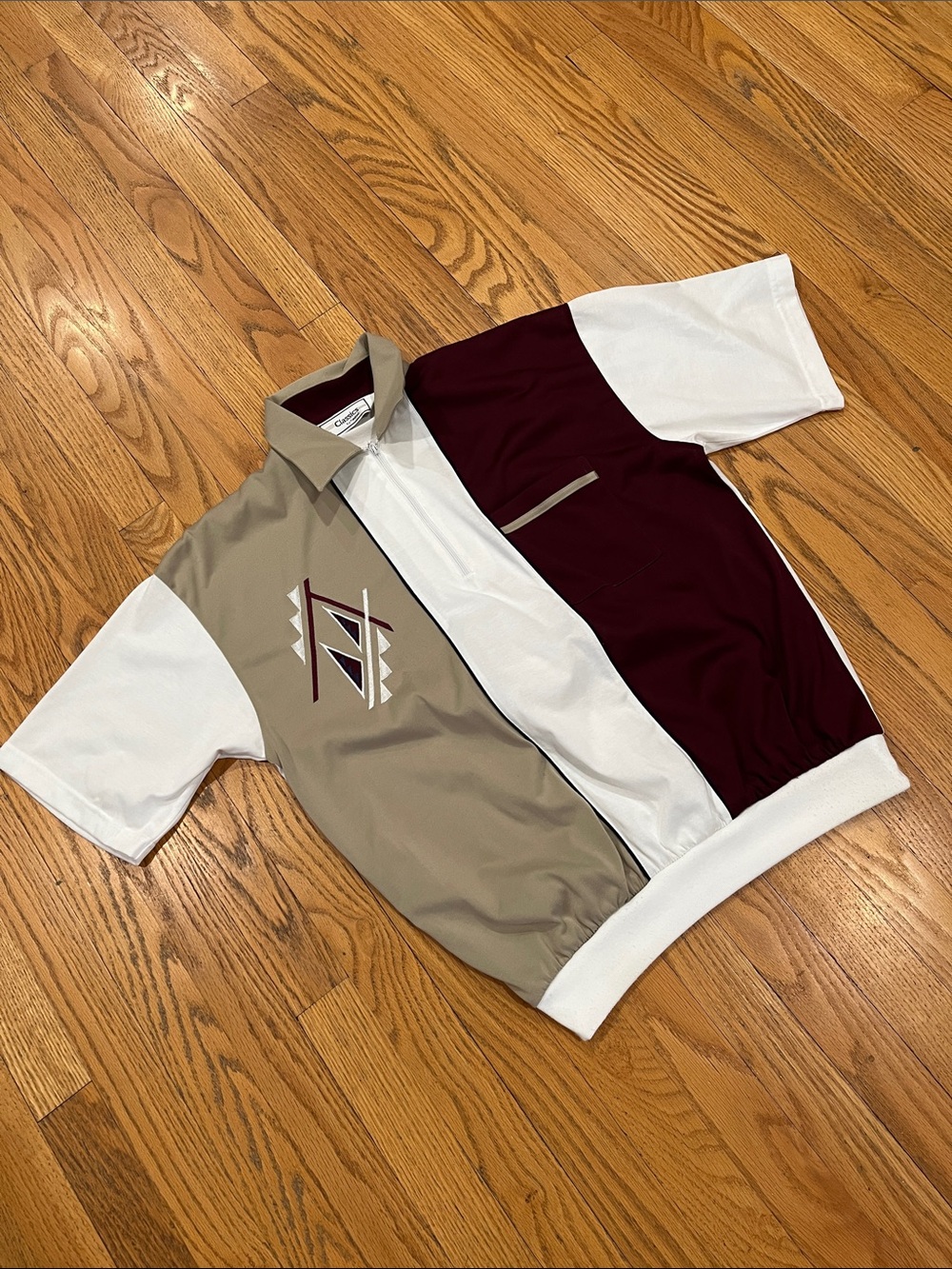 Vtg 80s/90s Classics by Palmland Banded Bottom Polo Shirt Sz M White Tan Maroon